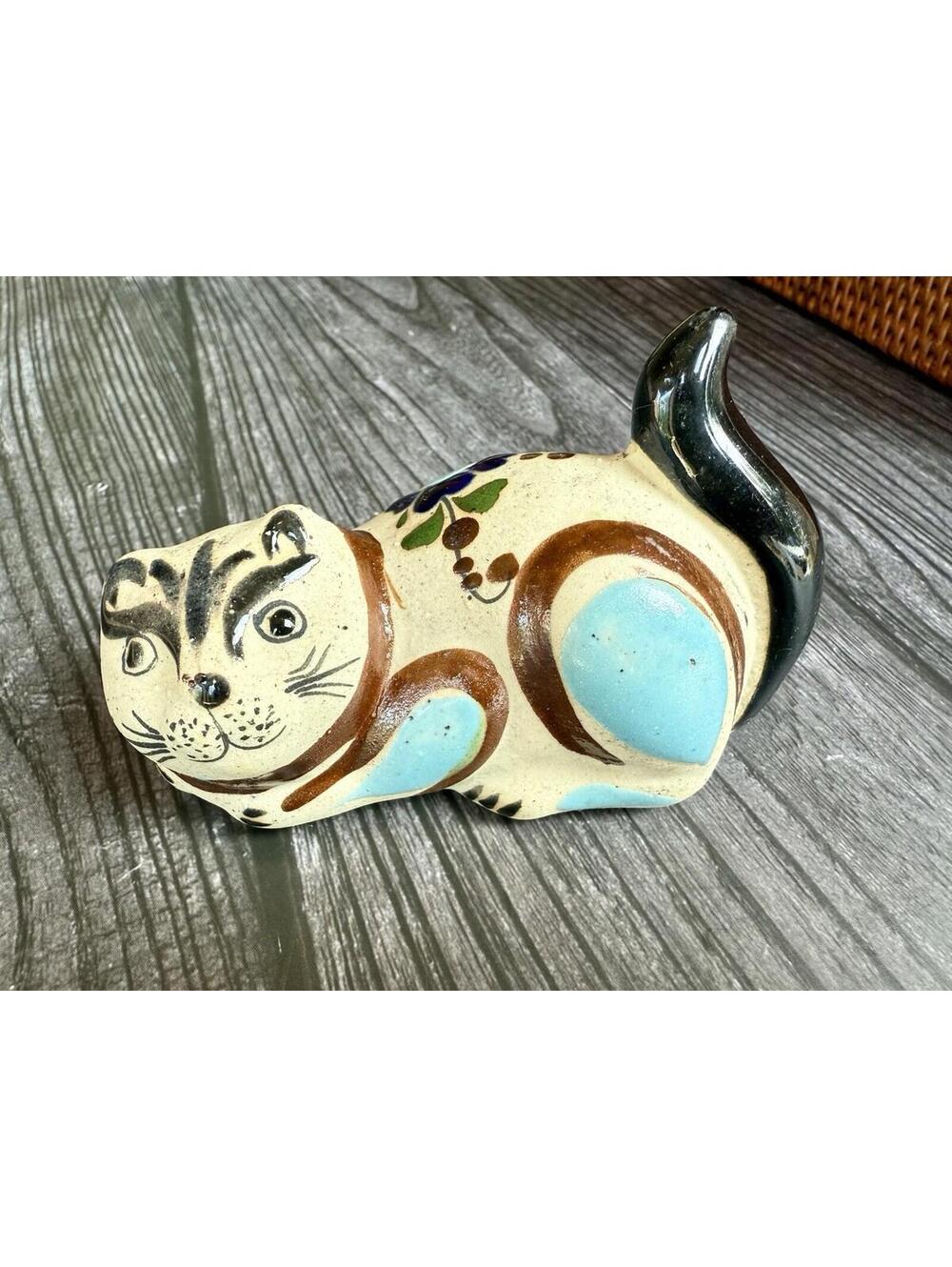 Vintage Tonalá Mexican Folk Art Pottery Cat Figurine Hand Painted